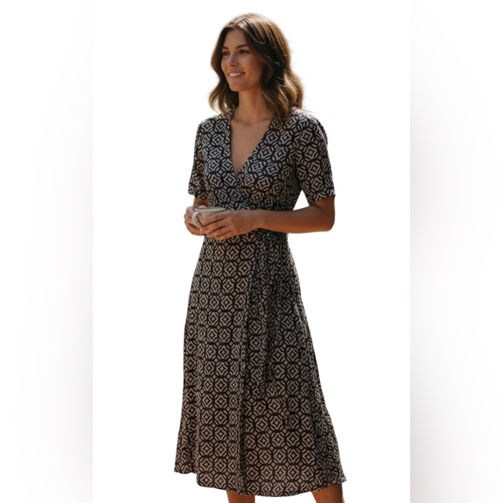 I C E Women’s Black Cream Knot Side Wrap Dress Size 10 EUC